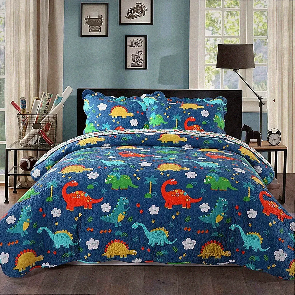 100% Cotton Kids Bedspread Quilts Set for Teens Boys Girls Bedding,Dinosaur Full