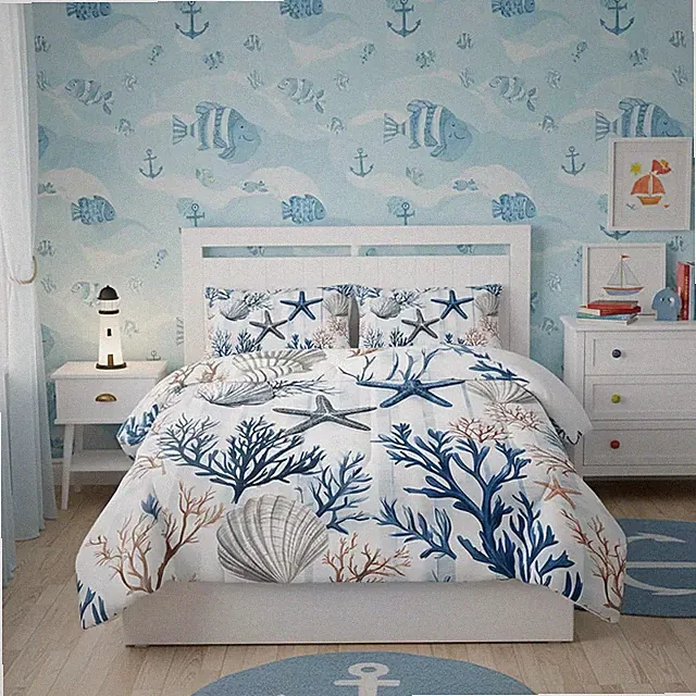 3Pcs Coastal Comforter Set Full,Ocean Bedding Set for Teens Boys Girls,Starfish