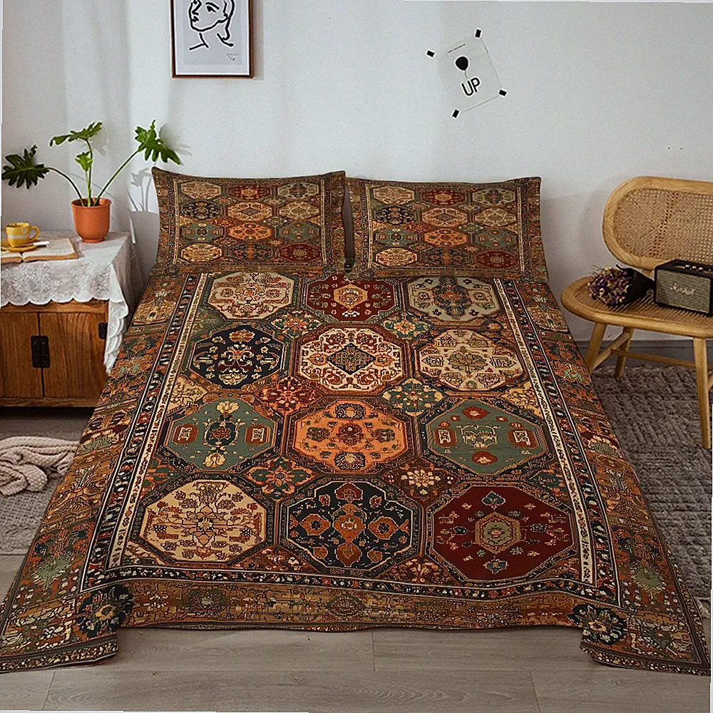 4PCS Ancient Patterns Sheet Set Fitted Sheet with 2 Pillowcases for Bedding Home