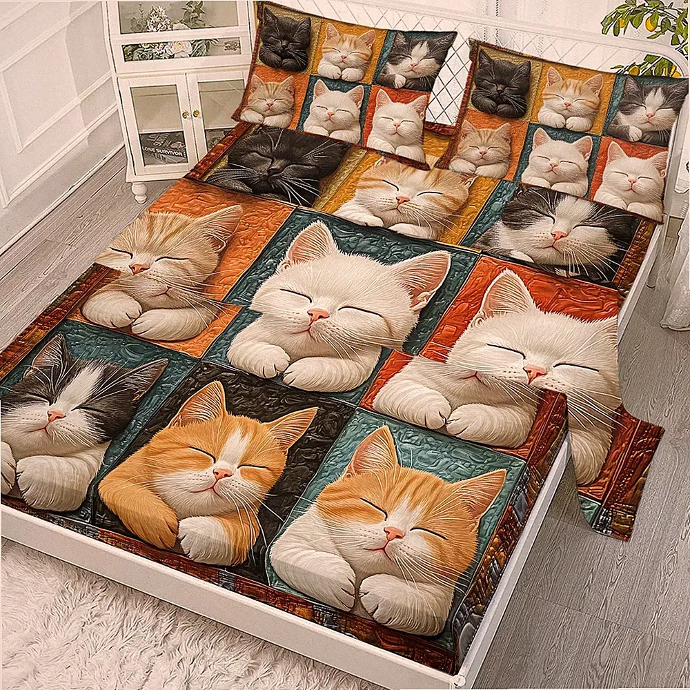 4pcs Kitten Cat Sheet Set, Fitted Sheet with 2 Pillowcases for Bedding Home Gift