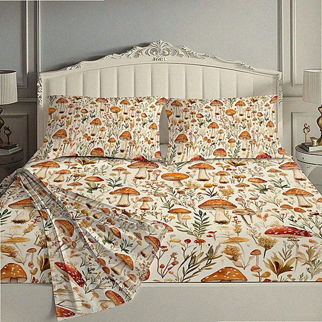 4pcs Mushroom Sheet Set, Fitted Sheet with 2 Pillowcases for Bedding Home Gift