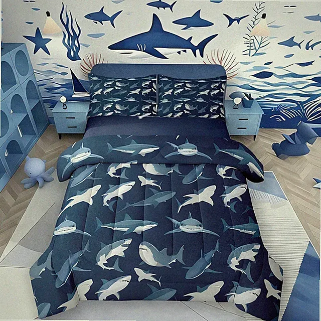 Boys Shark Bedding Set Ocean Sealife Comforter Set for Kids Youth Teens,Under Se
