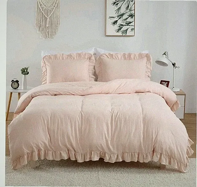 Care For You Pink Ruffled Duvet Cover & 1 Pillowsham Twin Size Solid Pattern NEW