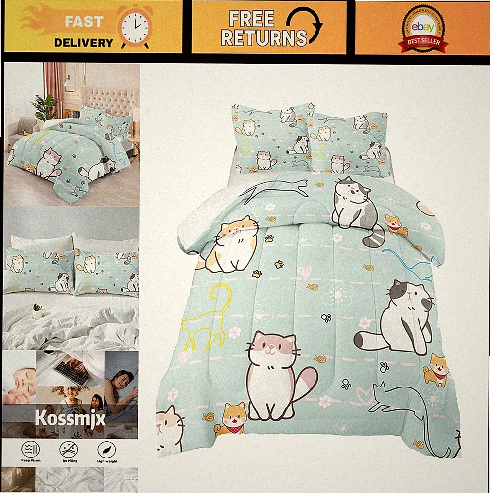 Cute Cartoon Cat Comforter Set for Kids & Teens, Full Size 3-Piece Bedding, Soft