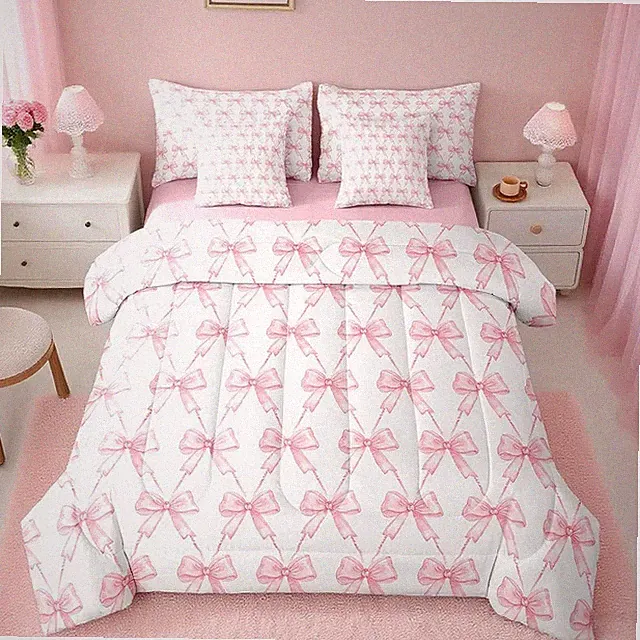 Cute Pink Bow 7-Piece Comforter Set for Kids & Teens - Full Size Bed in a Bag