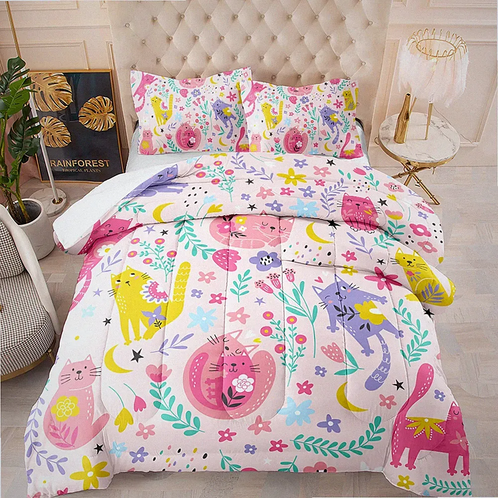Floral Cat Comforter Full Size,Pink Cat Comforter Set for Kids Teens Girls,3P...