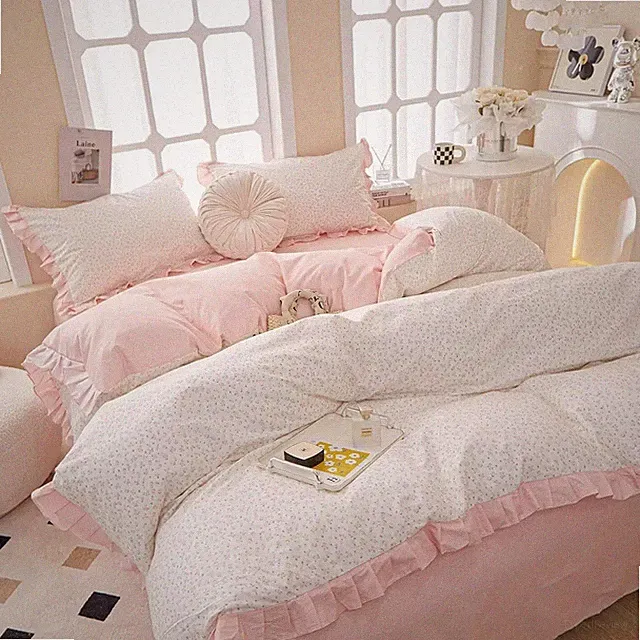 Floral Pink Duvet Cover Set for Teens, 100% Cotton, Ruffle Design, 3 Pcs
