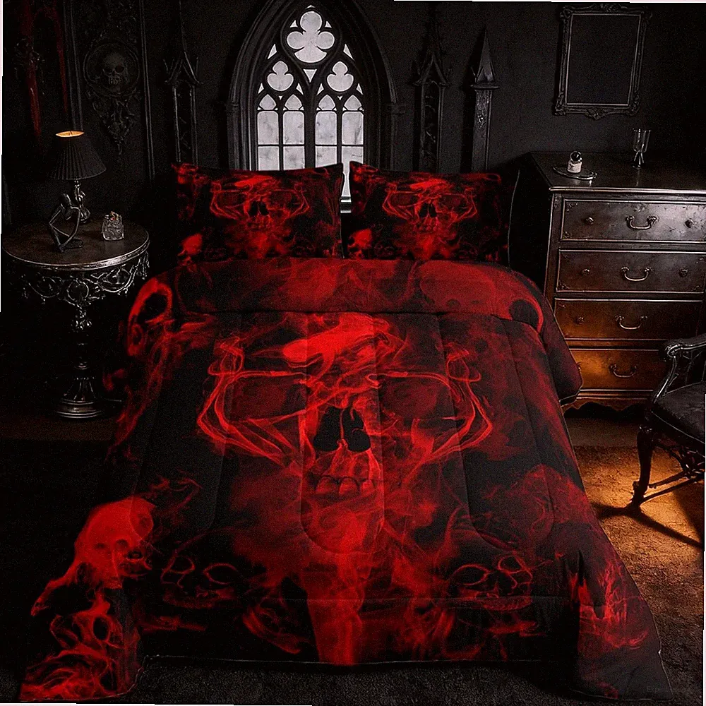 Gothic Skull Red & Black King Bedding Set for Teens, 2 Pillowcases Included