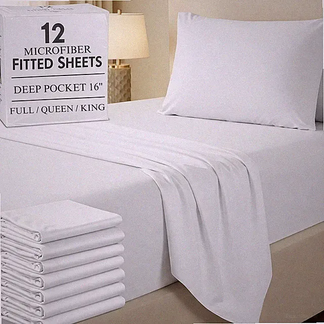 Hotel Quality Bed Sheets Bulk Pack 12 White Flat Sheets Deep Pocket Fitted Sheet