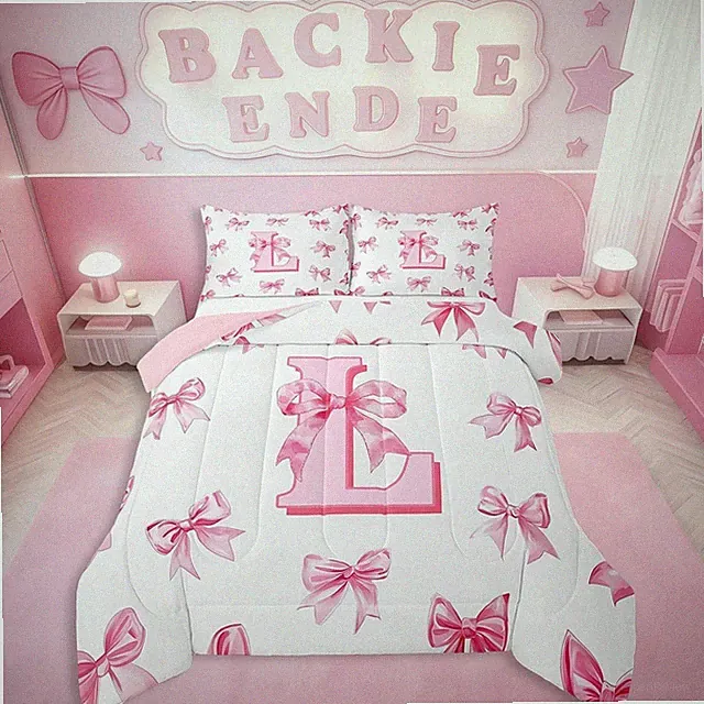 Initial Letter L Comforter Set for Teen Women,Pink Bow Girls Twin Bedding Set...