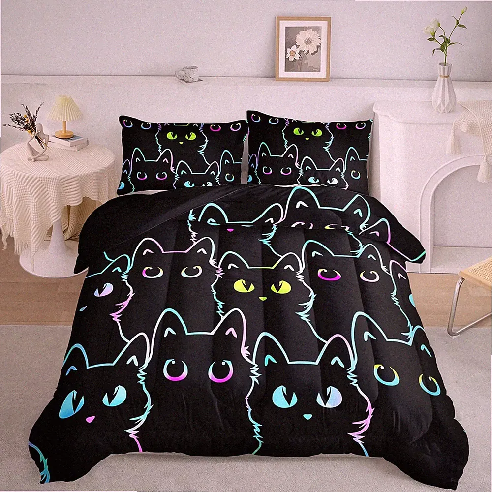 Kids Bedding Cartoon Twin Size,Gradient Line Cute Cat Bedding Set for Teens K...