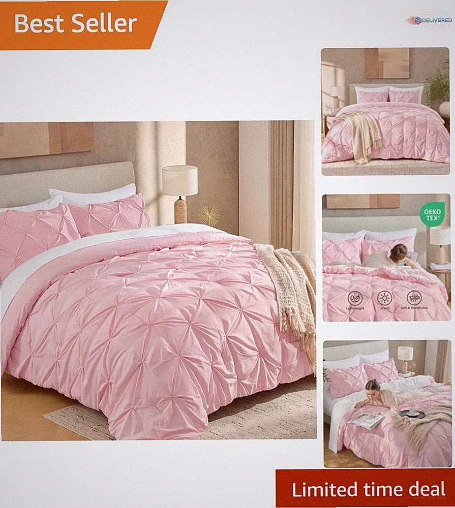Luxury Pinch Pleat Pink Comforter Set Full Size 79x90 - Perfect for Dorm & Teens