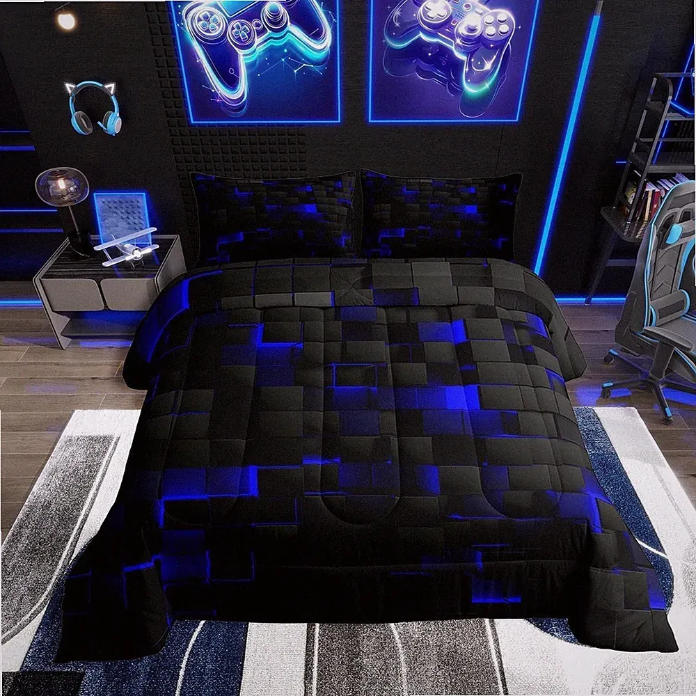 Neon Geometric Comforter Set for Teen Boys Gamer Room - 3 Pcs Queen Bedding