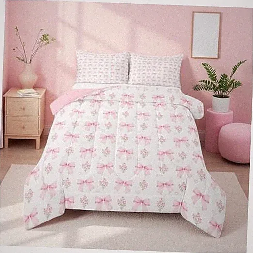 Pink Bow Comforter Set for Girls Teens Bedroom,Girly Queen Pink Green White