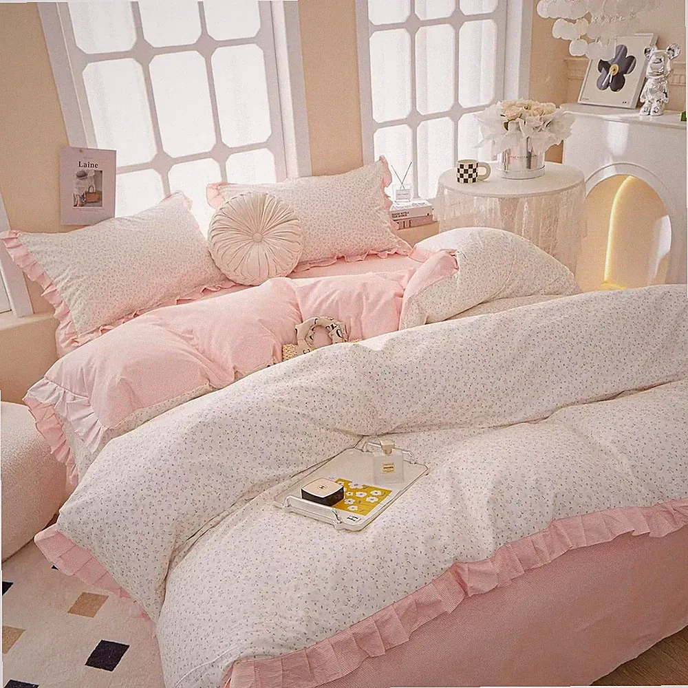 Pink Floral Duvet Cover Full: Ruffle, Princess Bedding for Teen Girls, 3 Pcs