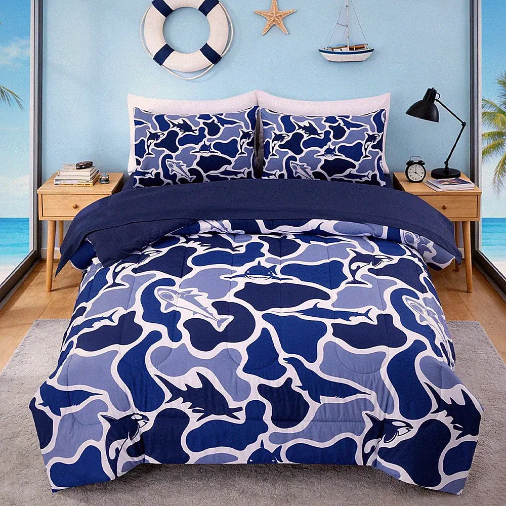 Sharks and Whales Camo Bedding Set for Boys Teens, Ocean Animal Print Full Size